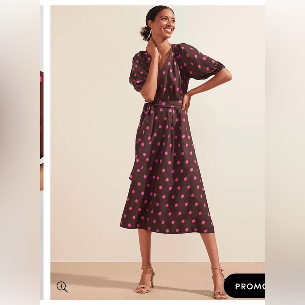 Ann Taylor Dotted Puff Sleeve Belted Flare Dress in Brown Stone Size 4